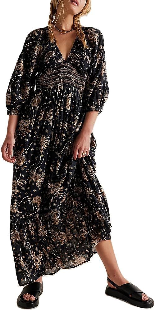 Boho Flowy Maxi Dress for Women Puff Long Sleeve Square Neck Embroidered Swing Tiered Long Dress | Amazon (US)