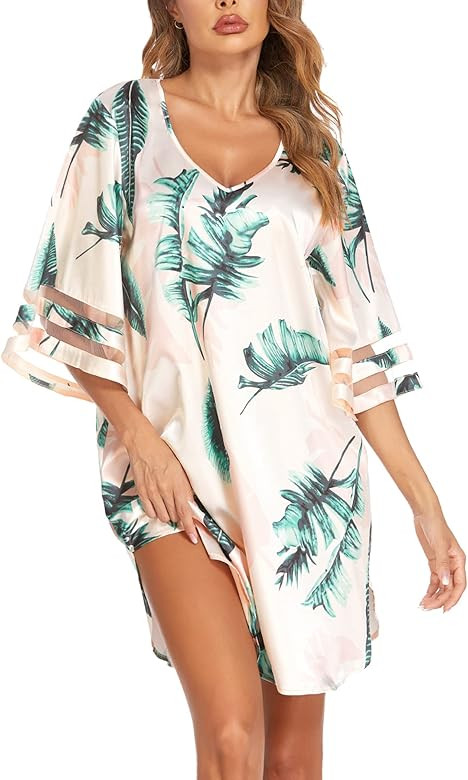 Ekouaer Women's Satin Nightgown 3/4 Sleeves Lightweight Sleep Shirts Loose Sleepwear | Amazon (US)