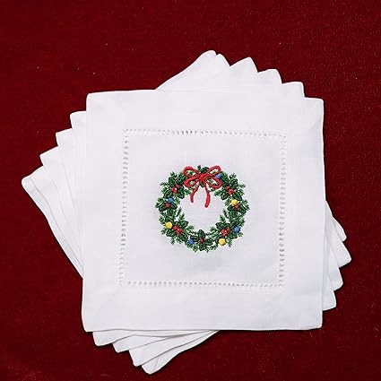 100% Linen Embroidered Christmas Wreath Cocktail Napkins 6 Pack Cloth Coaster Decorative for Drin... | Amazon (US)