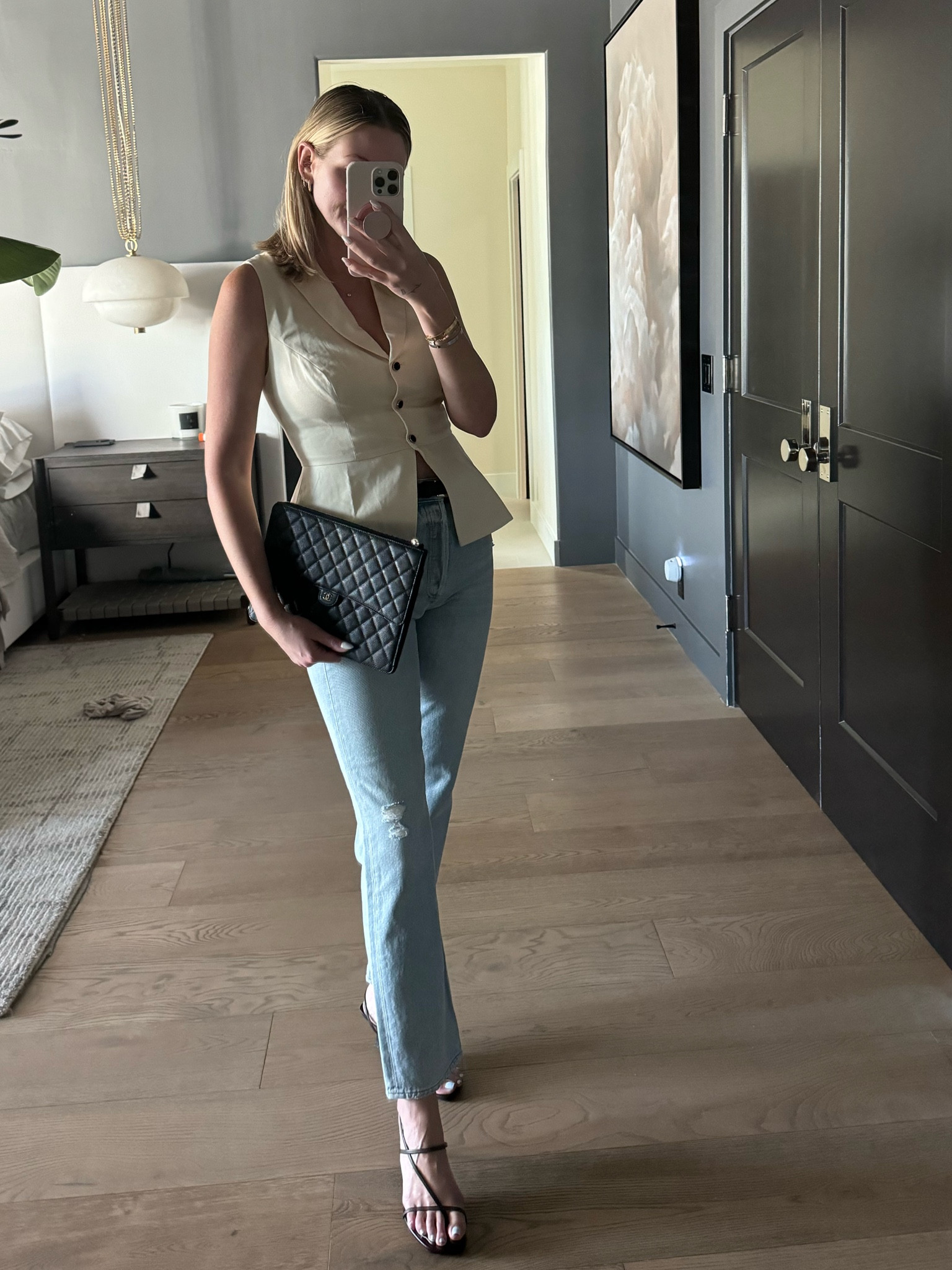 Reformation vest size 4, citizens of humanity jeans size 26, Steve Madden heels 