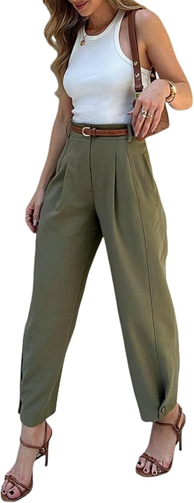 QIAOZHI Women's High Waist Pleated Trousers, Olive Green, Wide Leg Dress Pants with Belt Loops | Amazon (US)