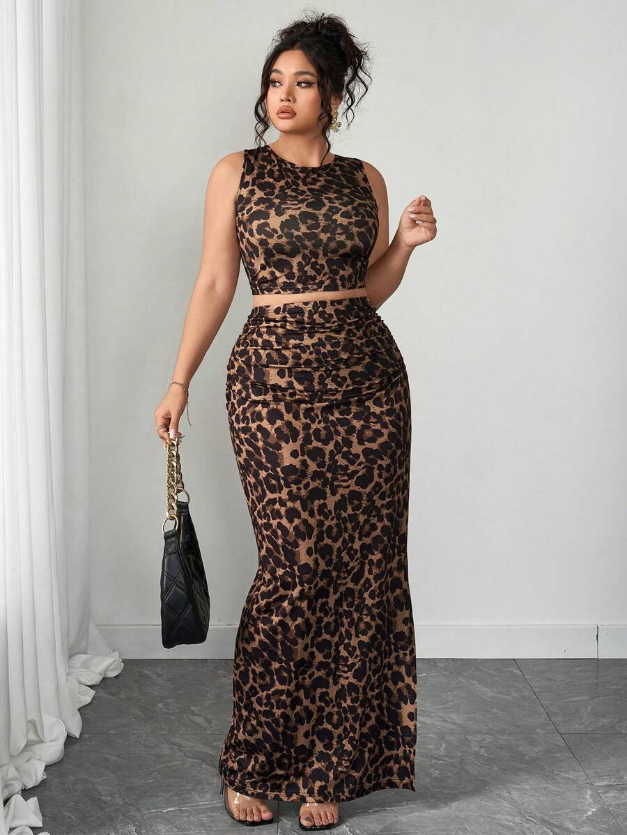 Elenzga Plus Size Leopard Print Tank Top And Skirt Two Pieces Set, Sexy Yet Suitable For Everyday... | SHEIN