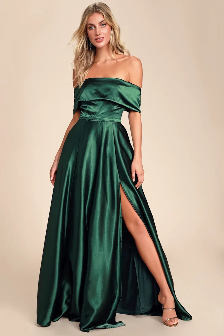 Greatest Hits Forest Green Satin Off-the-Shoulder Maxi Dress | Lulus