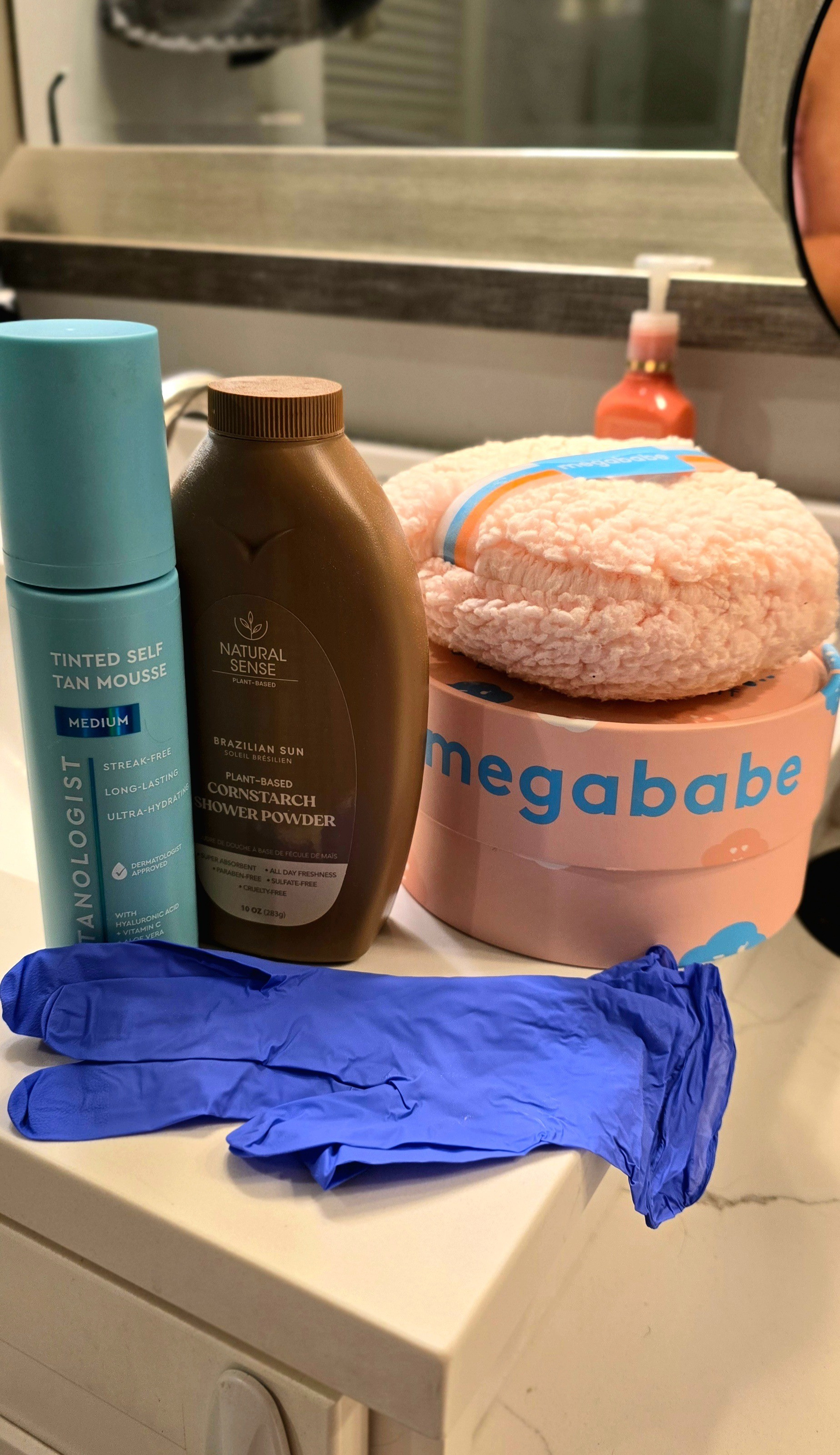 Hey girl. Your tanning mitt is soaking up all of your product!!! Use rubber gloves!! And dont forget to powder with the mega babe body poof!! #selftanner 

#LTKgrwm #LTKOver40 #LTKBeauty