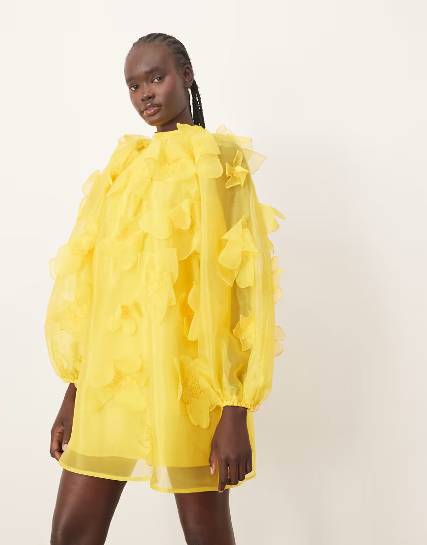 ARRANGE organza applique floral high neck trapeze mini dress in yellow | ASOS (Global)