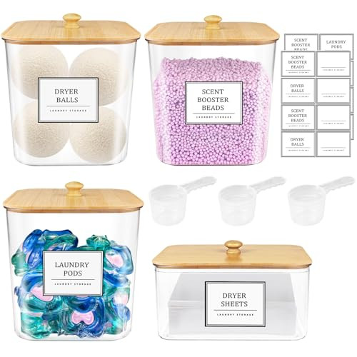 3+1 Pack Laundry Pods Container,Clear Laundry Room Organization Containers,Large Laundry Detergent Powder Storage Containers with Bamboo Lids & Labels,Laundry Pods Holder for Scent Booster,Powder,Pods | Amazon (US)