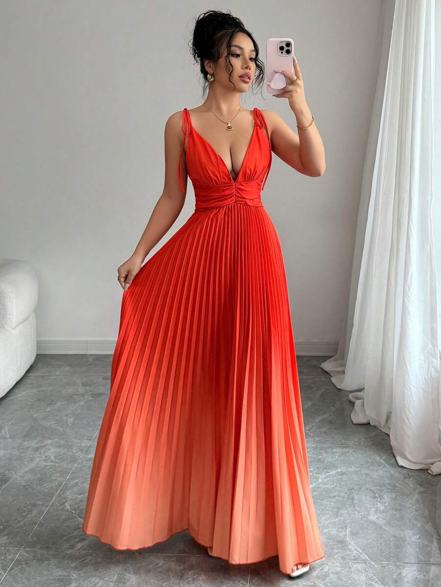 Elenzga Sleeveless Ombre V Neck Ruched Waist Elegant Romantic Dress For Women | SHEIN