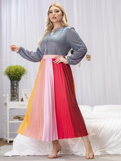 Plus High Waist Color Block Pleated Skirt | SHEIN