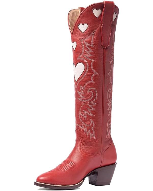 Huntarry Cowboy Boots for Women Wide Calf Knee High Cowgirl Boots Western Embroidery Poninted Toe... | Amazon (US)