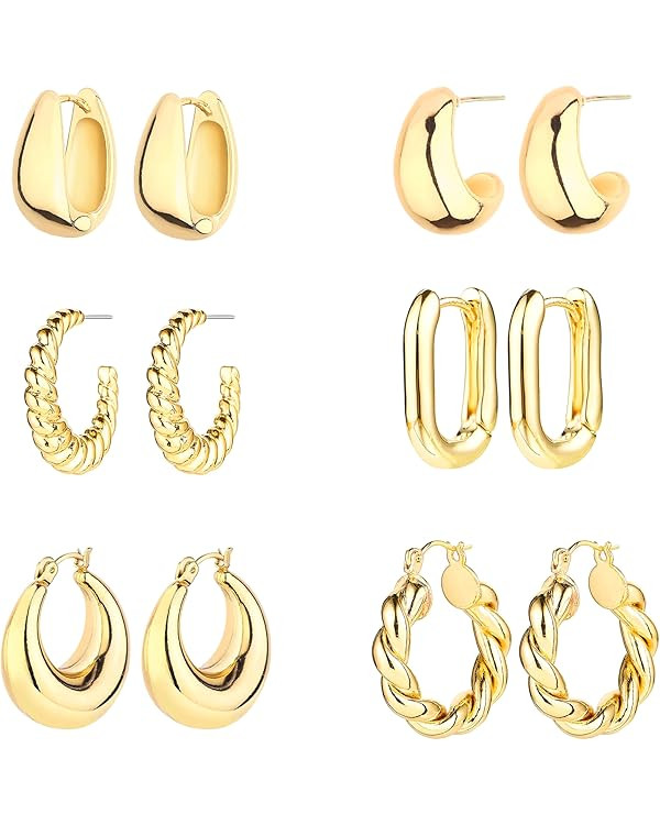 6 Pairs 14K Gold Hoop Earrings for Women Lightweight Chunky Hoop Earrings Multipack Hypoallergeni... | Amazon (US)