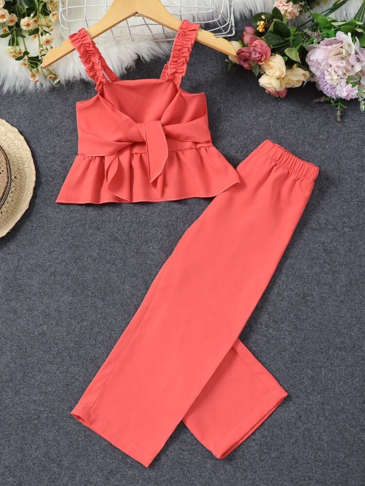 Toddler Girls Frill Trim Knot Front Peplum Chiffon Cami Top & Pants | SHEIN