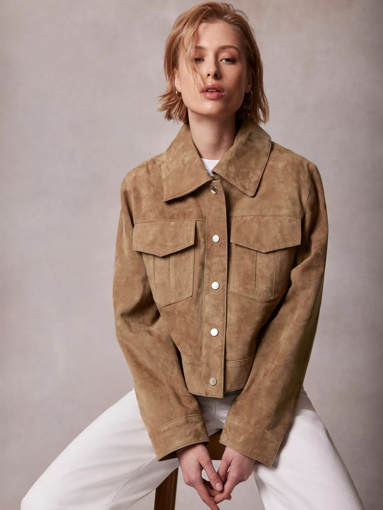 Mint VelvetCropped Suede Jacket, Tan | John Lewis (UK)