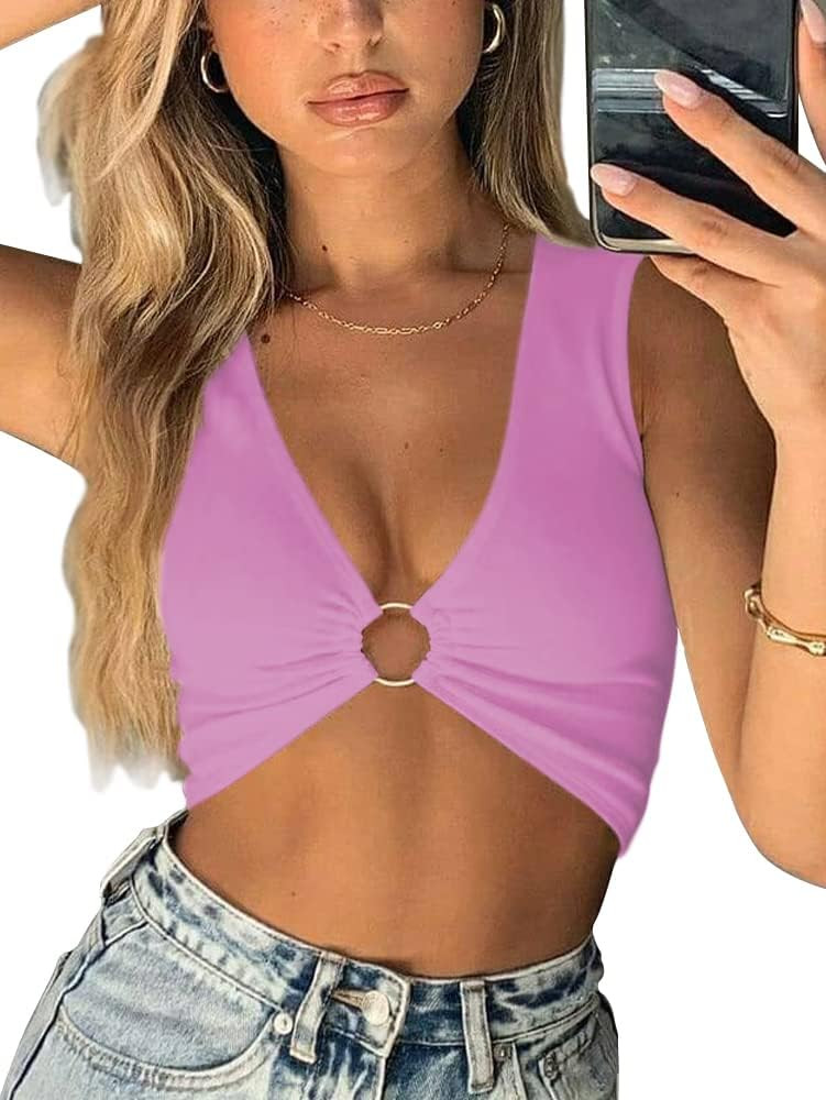 Sexy Crop Tops for Women Sleeveless Deep V Neck Workout Tops Plunge Ring Cleavage Cropped Tank To... | Amazon (US)