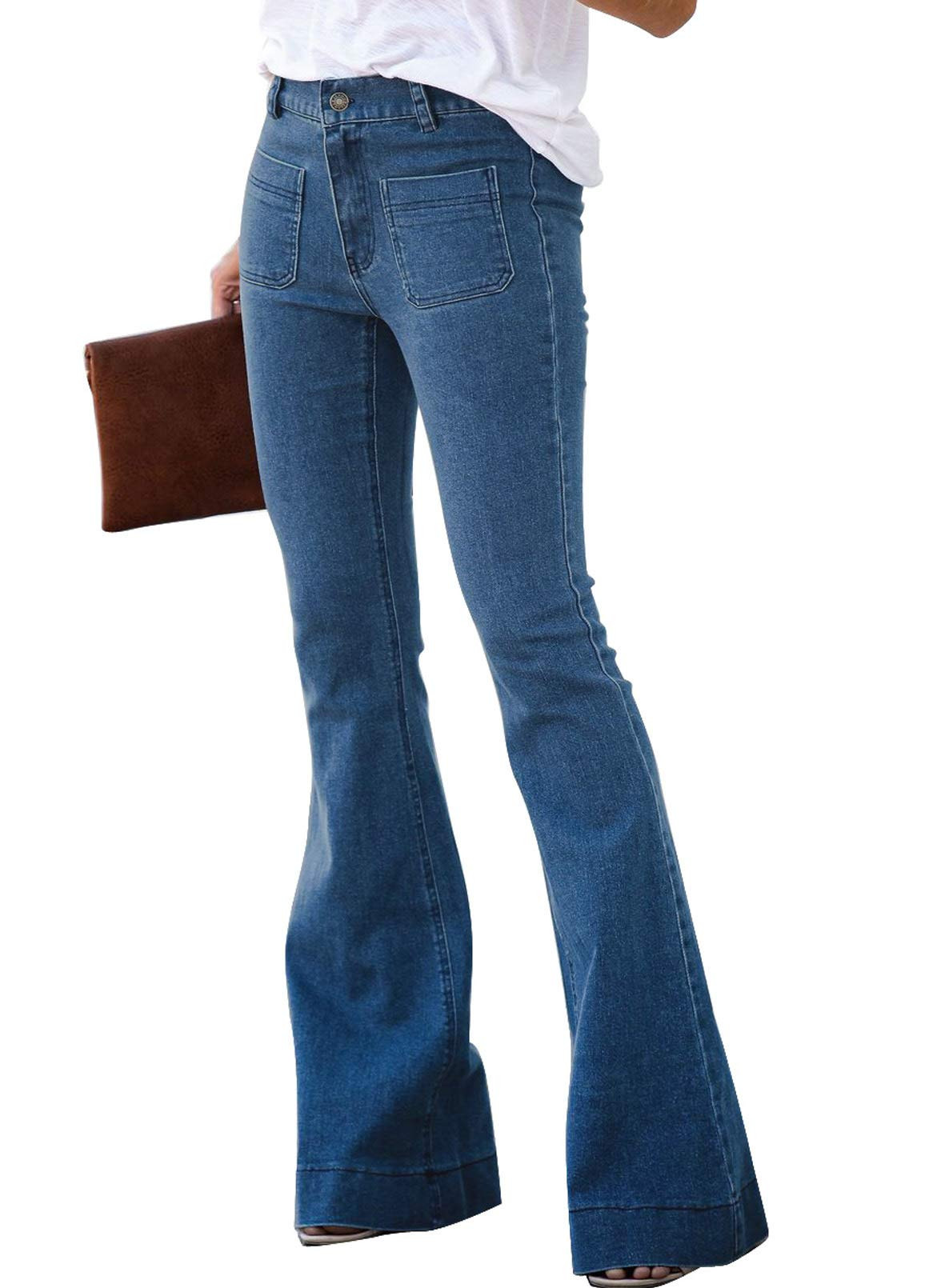 Women Destoryed Flare Jeans Elastic Waist Bell Bottom Raw Hem Denim Pants | Amazon (US)