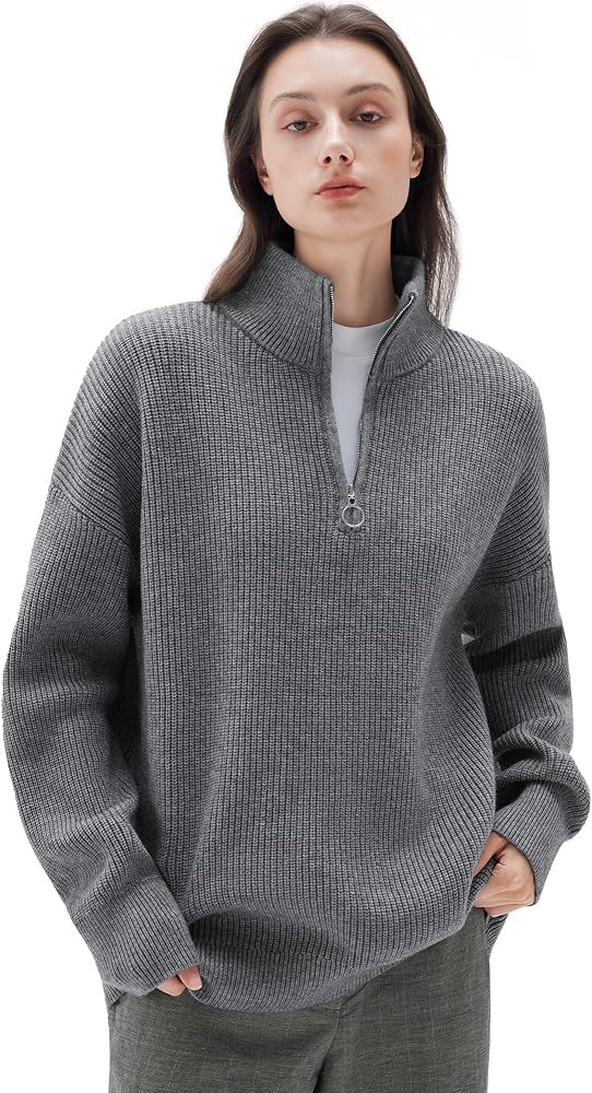 SUUKSESS Women Cashmere Oversized Quarter Zip Pullover Sweater Long Sleeve Collared Ribbed Knit J... | Amazon (US)