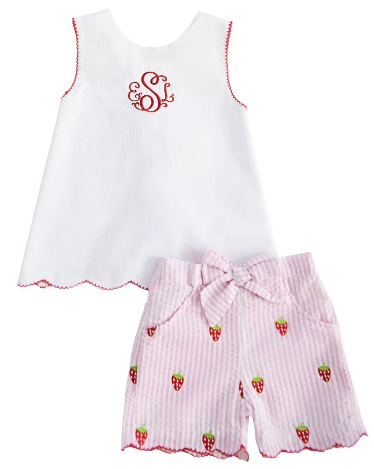 Strawberry Embroidered Seersucker Shorts Set | Smockingbird Kids
