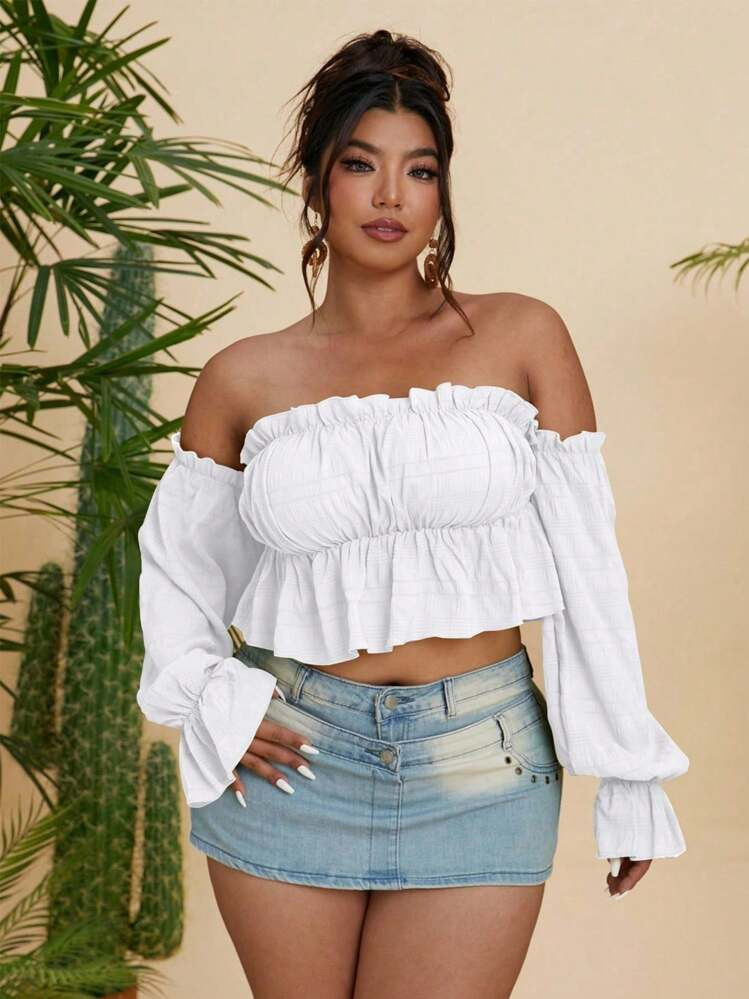 Sunnyshic Plus Size Solid Color Off-Shoulder Ruched Hem Long Sleeve Blouse Fall Cloth For Women | SHEIN