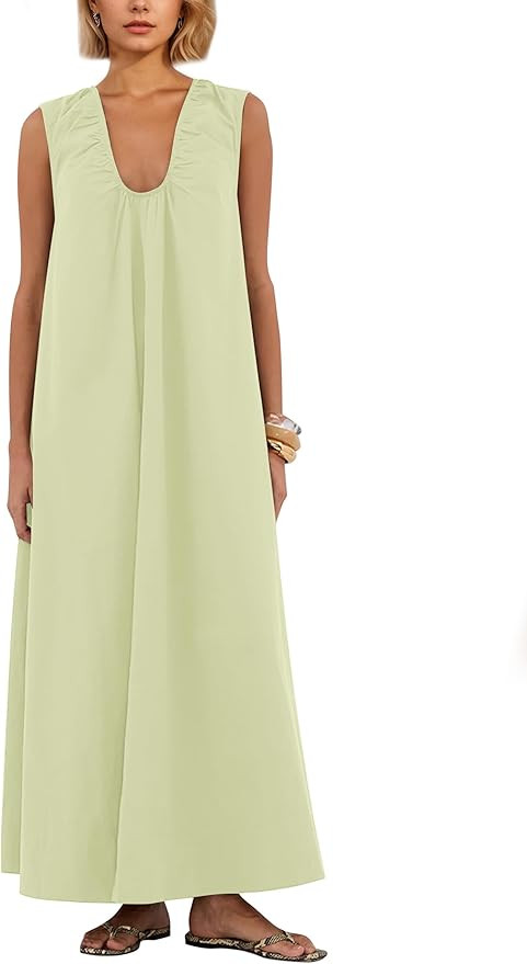 Ardrem Women Sleeveless Ruched Maxi Dress Scoop Neck Long Elegant Dresses Wide Shoulder Strap Blo... | Amazon (US)