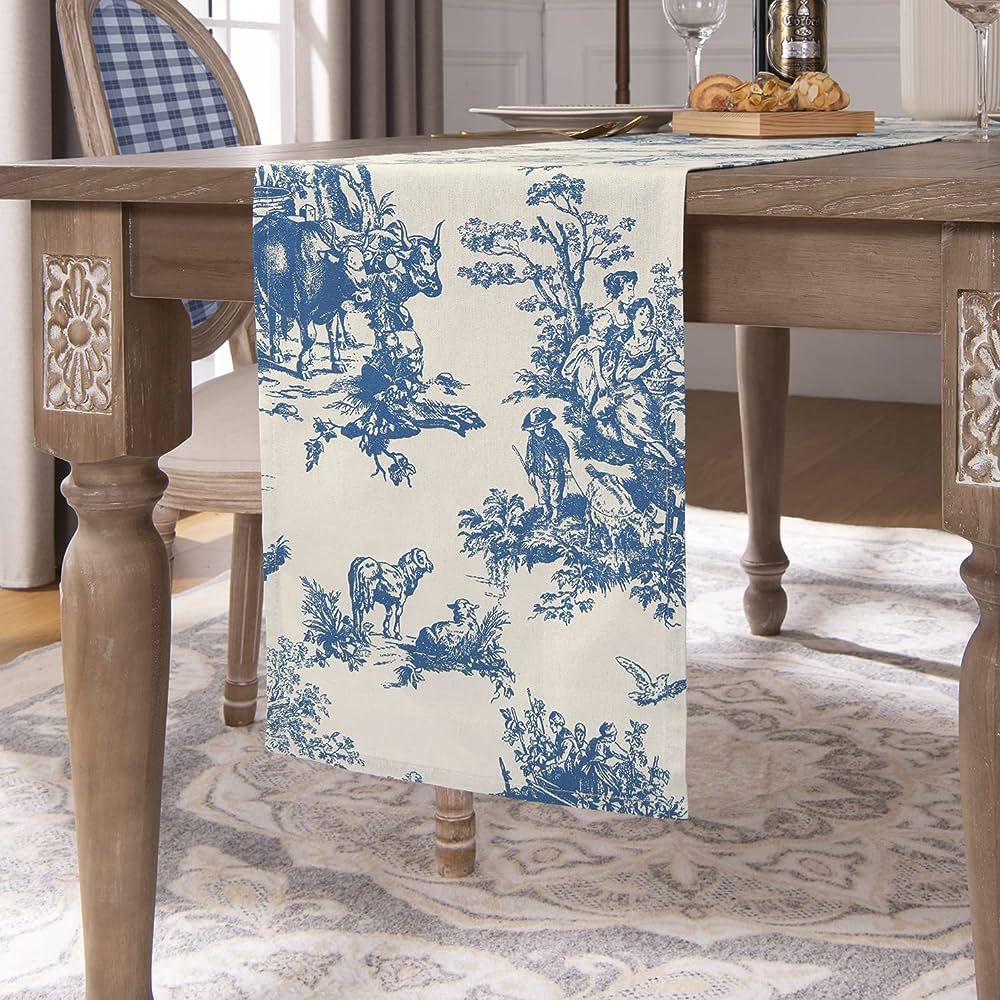 Toile Blue Table Runners 72 Inches Long for Coffee Kitchen Dining Room Table,French Country Grand... | Amazon (US)