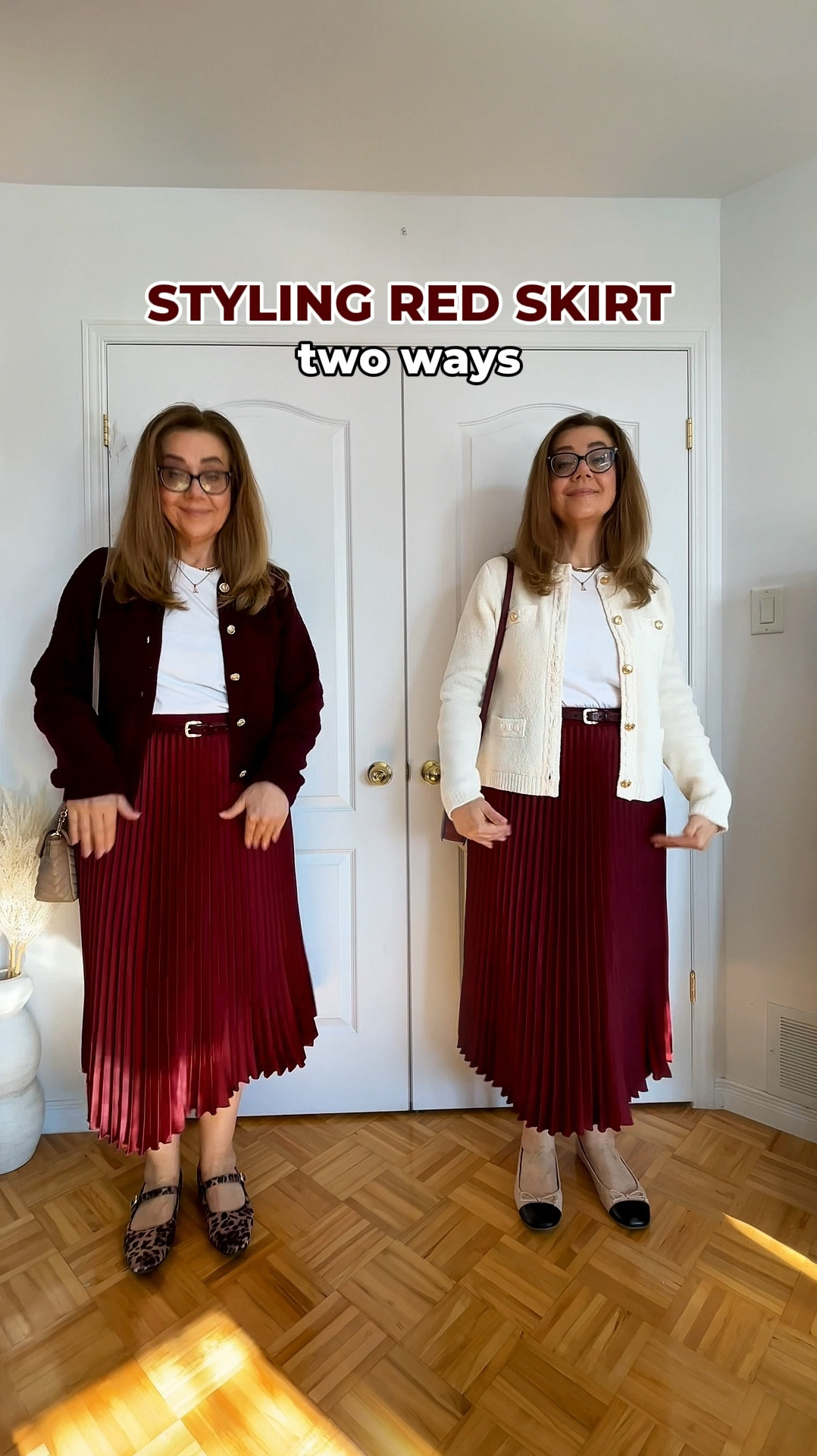 Two ways of styling red midi skirt. Red and burgundy colors are trending high this Fall. Wear reds together or with cream and look chick! 

#LTKmidsize #LTKautumn #LTKworkwear