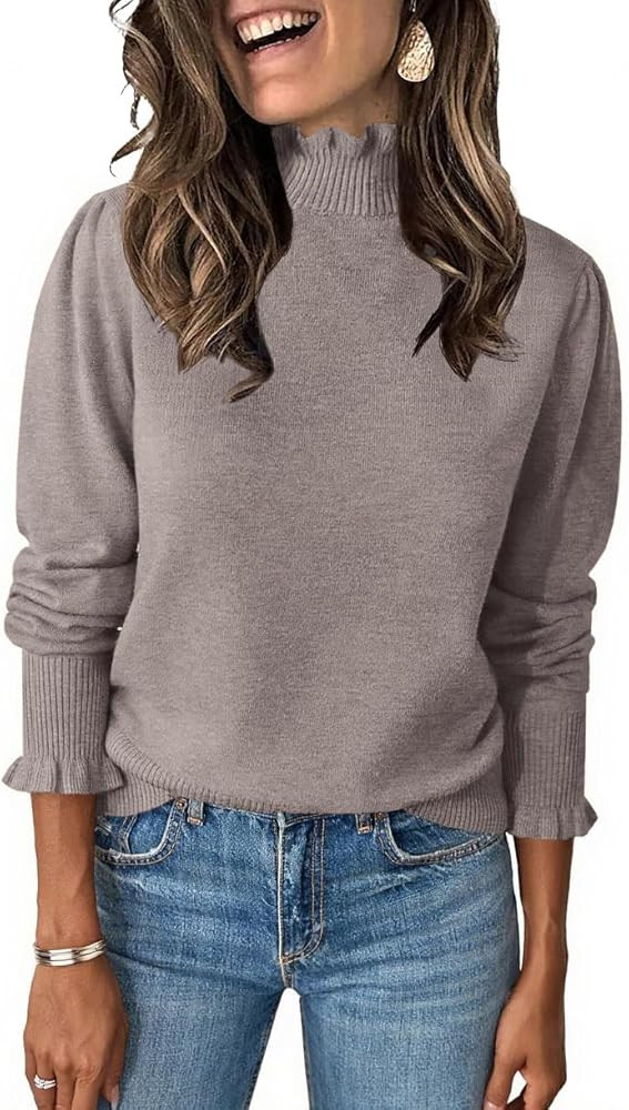 UNCLECAT Womens Ruffle Mock Neck Sweater Casual Puff Long Sleeve Fall Knit Trendy Pullover Sweate... | Amazon (US)