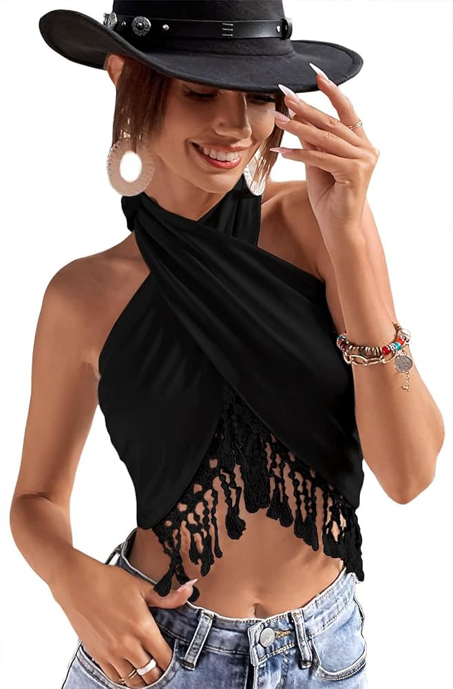 DALLNS Women Corset Cropped Fringe Tank Top Indie Summer Going Out Shirts Stripper Outfits | Amazon (US)