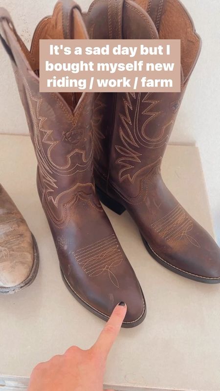 New ariat cowboy boots for horseback riding, farm chores, rodeo, football games & everything in between. Amazon find round toe boots. 
.
Cowgirl, rodeo outfit, women’s cowboy boots, rubber sole boots, brown boots, leather boots, western boots. 

#LTKshoecrush #LTKFind