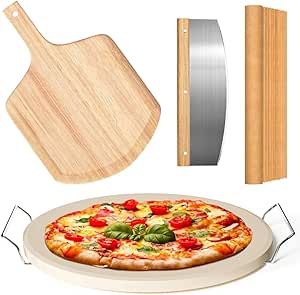 5 PCS Round Pizza Stone Set, 13" Pizza Stone for Oven and Grill with Pizza Peel(OAK),Serving Rack... | Amazon (US)