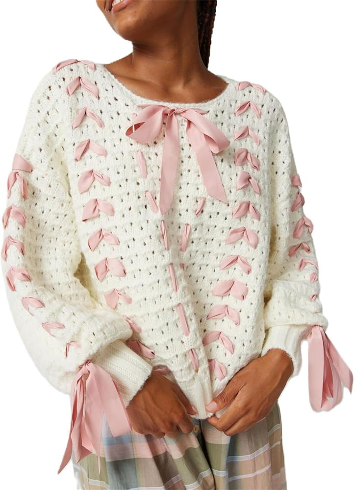 Women Y2k Bow Knit Sweater Loose Fit Long Sleeve Ribbon Drawstring Eyelet Cropped Jumper Going Ou... | Amazon (US)