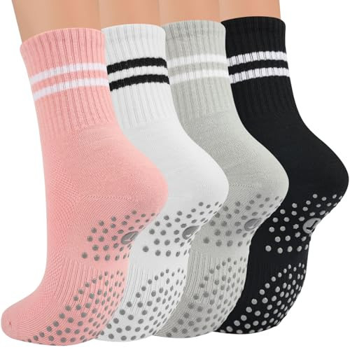Toes Home Pilates Socks for Women with Grippers, Non Slip Yoga Crew Socks for Barre Hospital Exercise Workout Sticky Athletic Slipper Socks 4 Pairs | Amazon (US)