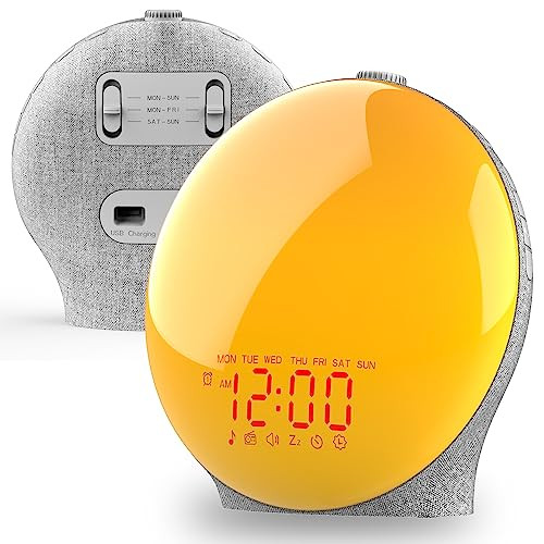 Wake Up Light Sunrise Alarm Clock for Kids, Heavy Sleepers, Bedroom, Full Screen with Sunrise/Sunset Simulation, Dual Alarms, FM Radio, 15 Colorful Nihgt Lights, 8 Natural Sounds, Fabric Light Gray | Amazon (US)