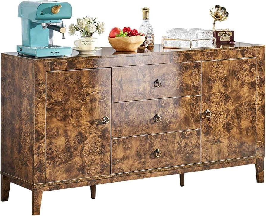 AMERLIFE 60" Large High Gloss Burl Buffet Sideboard Cabinet, Wood Sideboard Storage Cabinet with ... | Amazon (US)