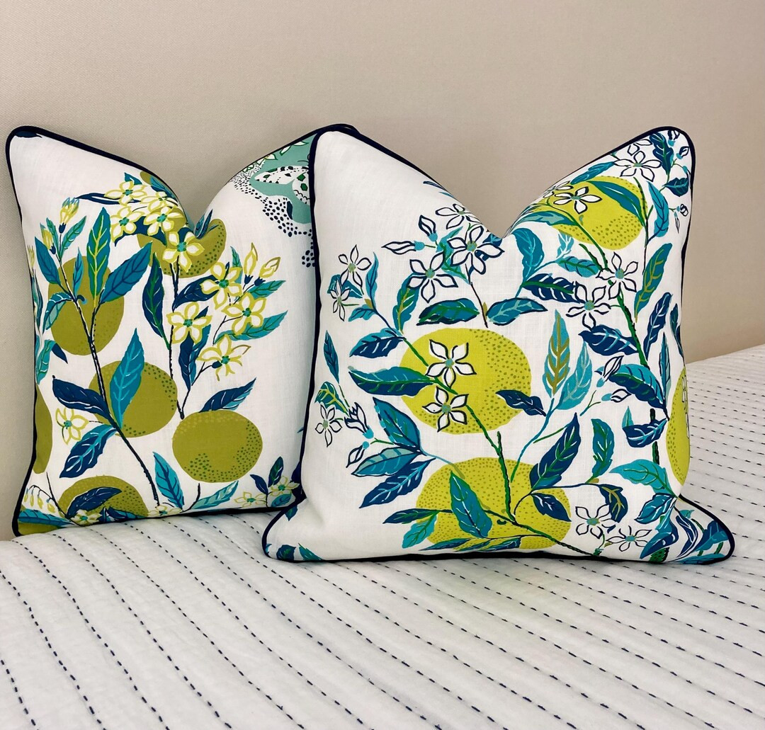 Ready to Ship/citrus Garden Set of 2 16"x16"-pool Indoor/outdoor Pillow Covers With Navy Piping-s... | Etsy (US)