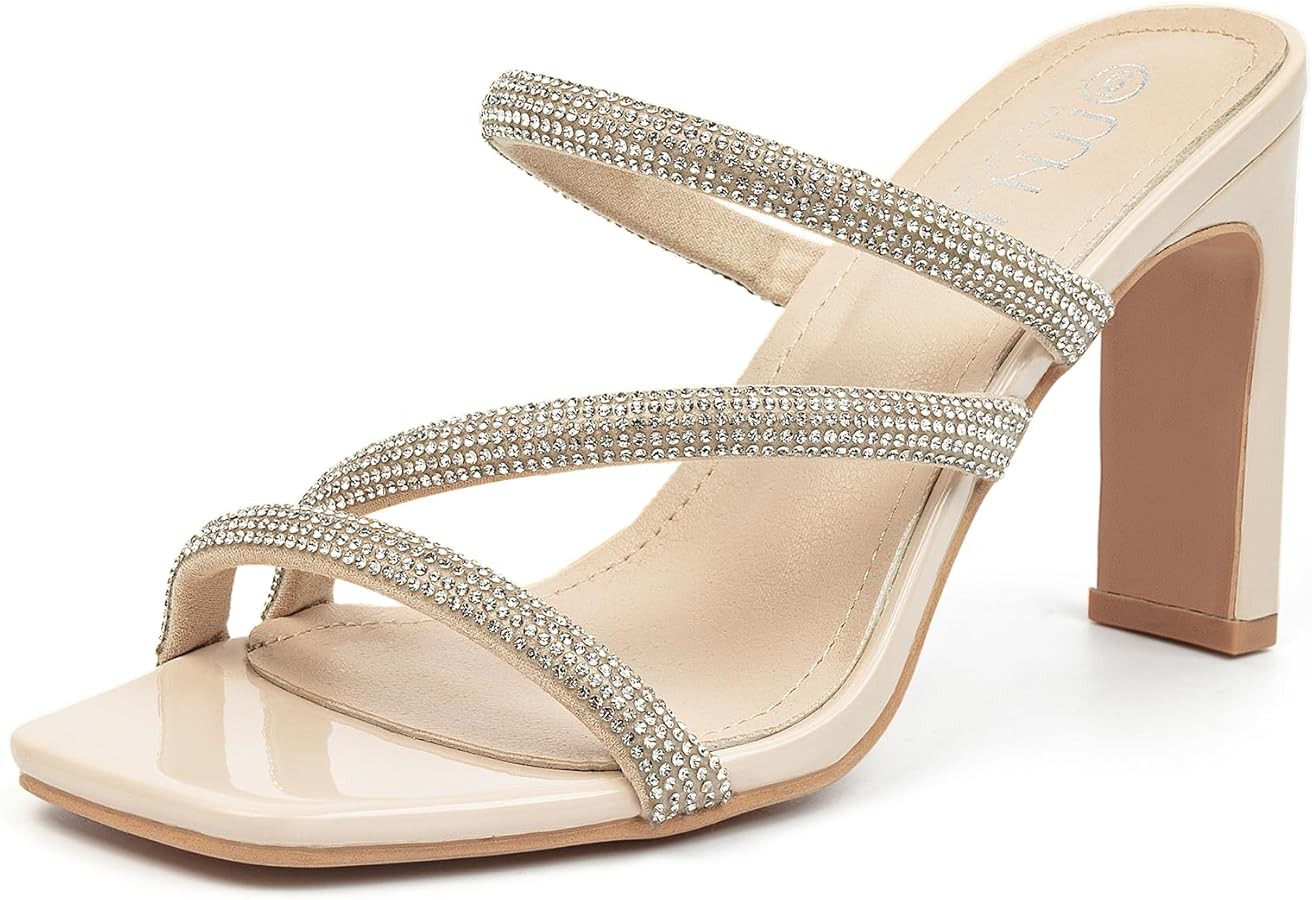 High Heels Sandals for Women Rhinestone Open Toe Slip On with Strappy Strap Dressy Sparkly Heel B... | Amazon (US)