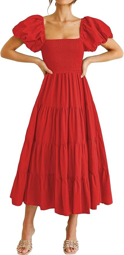 Murimia Women’s 2024 Summer Maxi Dress Square Neck Puff Sleeve Smocked Boho Beach Long Dresses | Amazon (US)