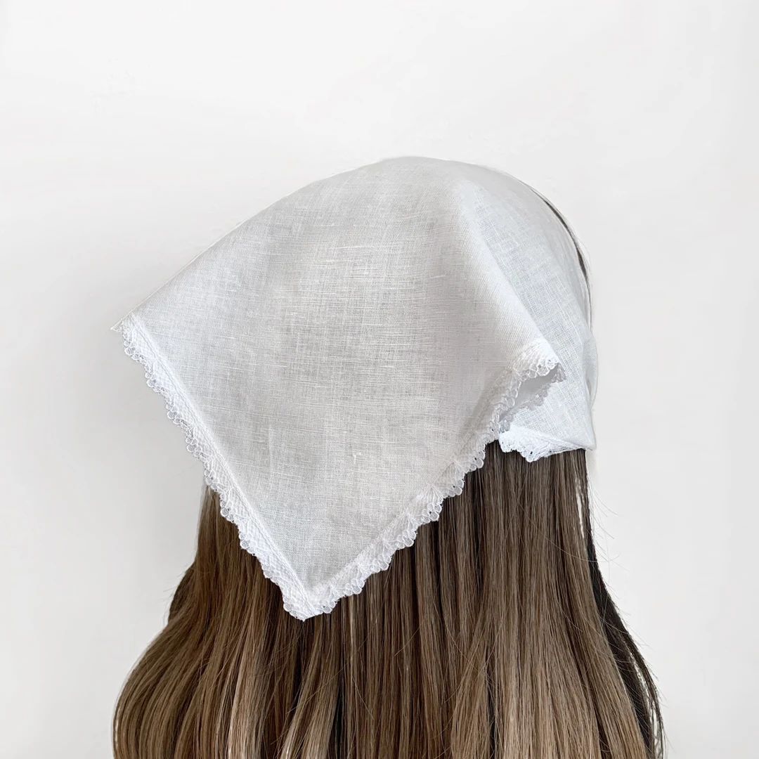 Linen Lace Trim Triangle Head Scarf, Wrap Elastic Headband, Kercheif, Hair Scarf, Hair Wrap, Wome... | Etsy (US)