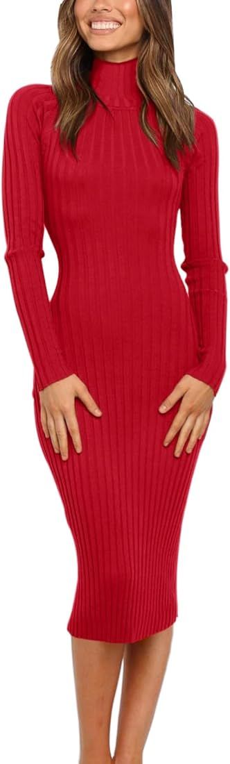 MEROKEETY Women's Ribbed Long Sleeve Sweater Dress High Neck Slim Fit Knitted Midi Dress | Amazon (US)