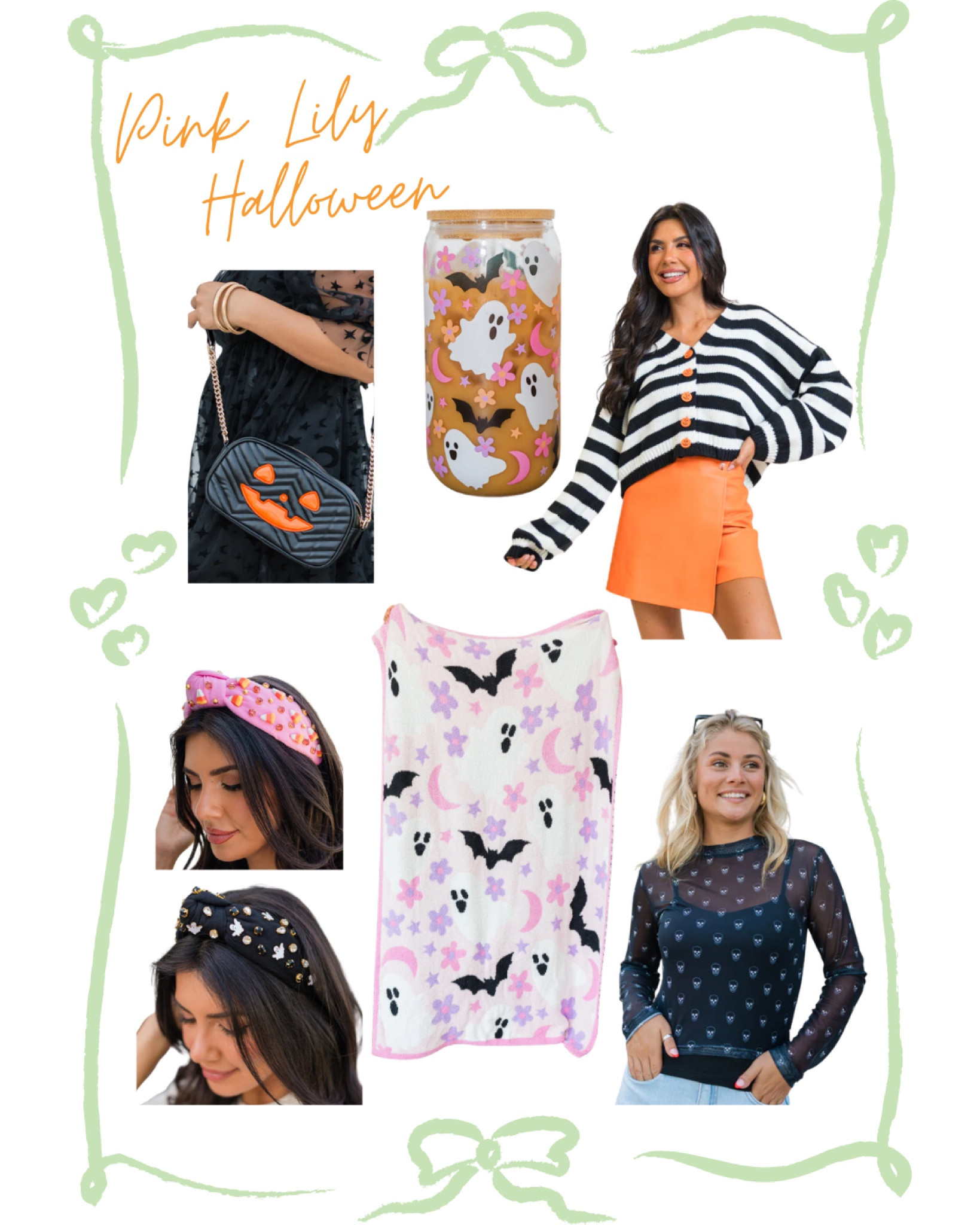 Pink Lily. Halloween. Fall style. Fashion. Affordable fashion. Trending. Ghost. Cup. Drink. Glass. Haunted honey iced coffee cup. Make me believe in haunted honey blanket. Throw. Fuzzy. Warm. Comfy. Pink ghost blanket. Headband. Hair accessory. Pink candy corn headband. Knotted. Dying to meet you black skull print mesh mock neck top. Shirt. Long sleeve. Macy Blackwell. Ghost headband. Jack-o-lantern purse. Crossbody. Purse. Quilted. Bag. To the point orange faux leather skort. Asymmetrical. Boo buttons back and white striped cardigan. Ribbed  

#LTKFindsUnder100 #LTKSeasonal #LTKStyleTip