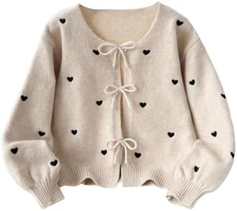 Girl's Cute Heart Print Cardigan Sweaters Bow Button Down Sweater Crewneck Cardigan Long Sleeve K... | Amazon (US)