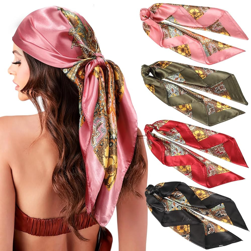 AWAYTR 35" Large Silk Hair Scarf for Women - 4Pcs Satin Head Scarf Square Hair Bandanas Floral Wi... | Amazon (US)