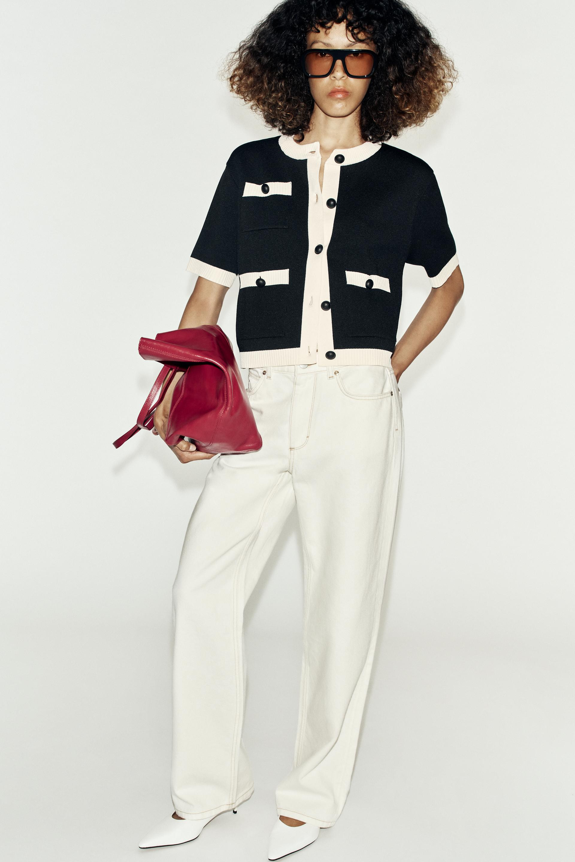 Zara - Short Sleeve Pocket Cardigan - Black / White - Xl - Woman | Zara US