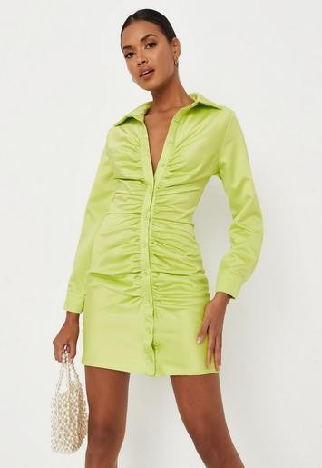 Missguided - Lime Satin Ruched Front Shirt Dress | Missguided (US & CA)