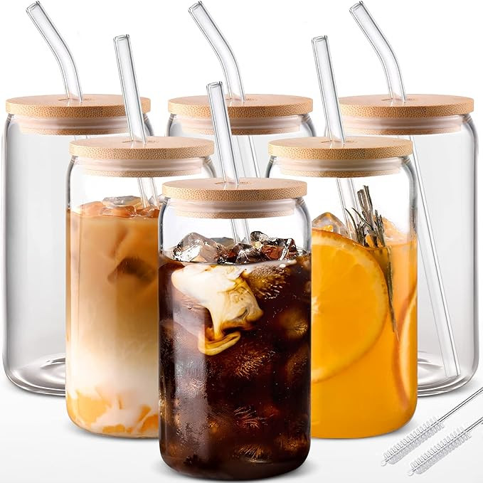 DWTS DANWEITESI Cups with Lids and Straws 6pcs Set,16oz Iced Coffee Cups- Coffee Cups,Beer Shaped... | Amazon (US)