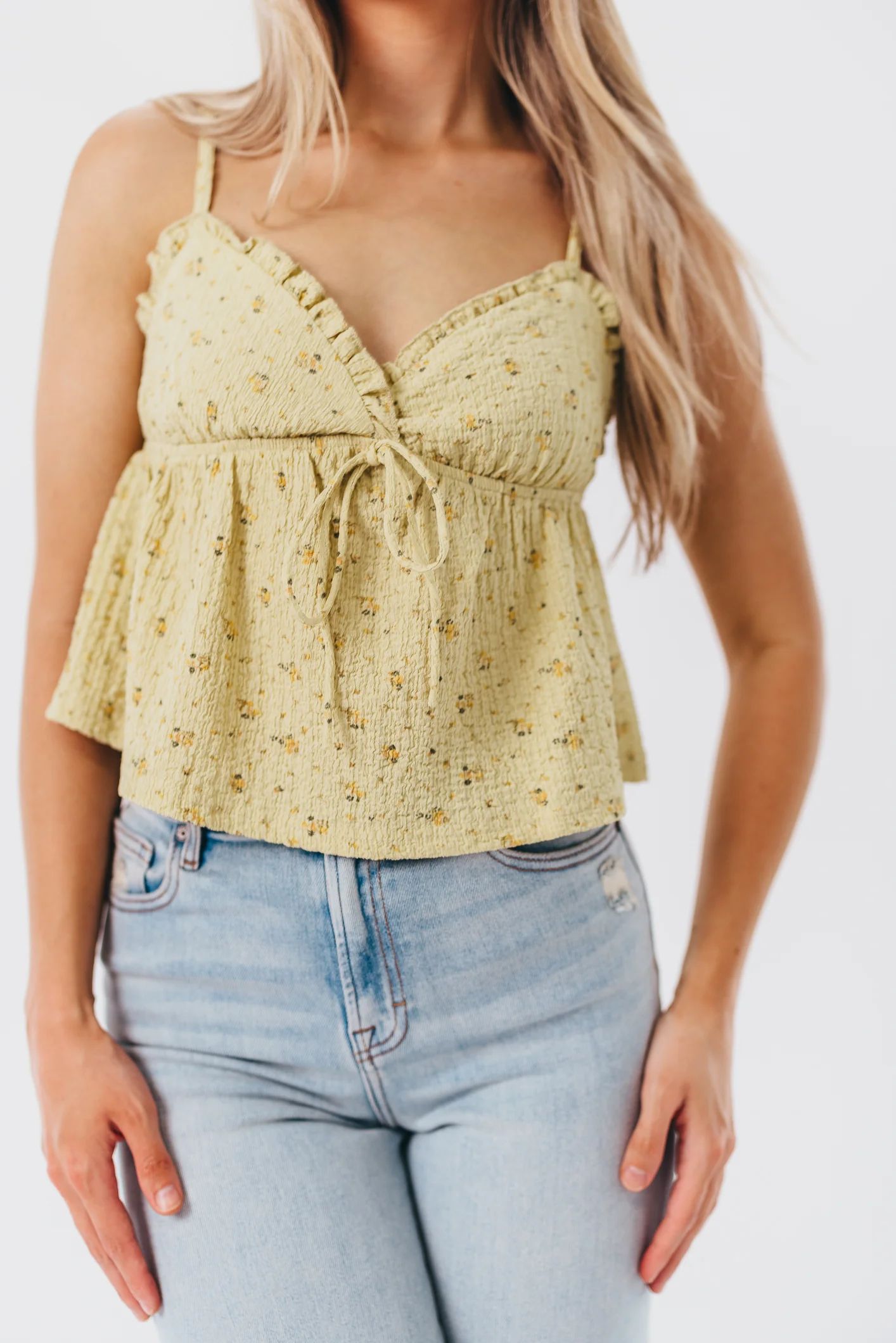 Ciara Crinkle Ruffled Cami Top in Avocado Floral | Worth Collective
