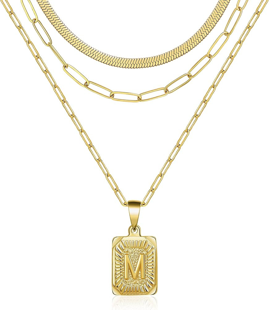 Dainty Layered Initial Necklaces for Women, 18K Gold Plated Paperclip Chain Necklace Simple Cute Let | Amazon (US)