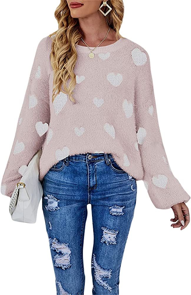 Love Heart Sweater for Women Crew Neck Long Sleeve Cute Knitted Pullover Sweater | Amazon (US)
