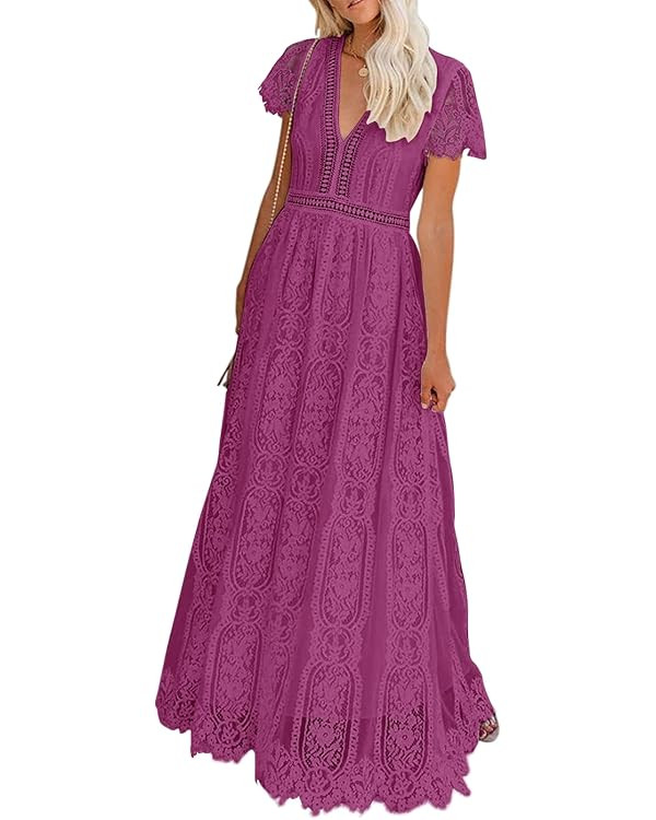 MEROKEETY Women's V Neck Short Sleeve Floral Lace Wedding Dress Bridesmaid Cocktail Party Maxi Dr... | Amazon (US)