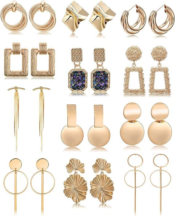 12 Pairs Gold Statement Hoop Earrings Tassel Bar Hanging Drop Dangle Earring for Women Big Geomet... | Amazon (US)