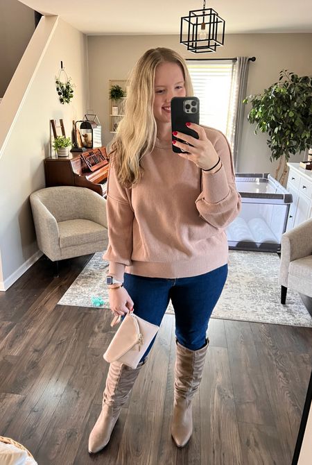 Springing into good weather! ☀️ I love a cute high knee boots and sweater look. These jeans are the COMFIEST for everyday but especially for tucking into tall boots. Amazing stretch from a beloved brand. My clutch is a long time favorite from Amazon too. Have it in nice and black  

#LTKSpringSale #LTKfindsunder100 #LTKSeasonal