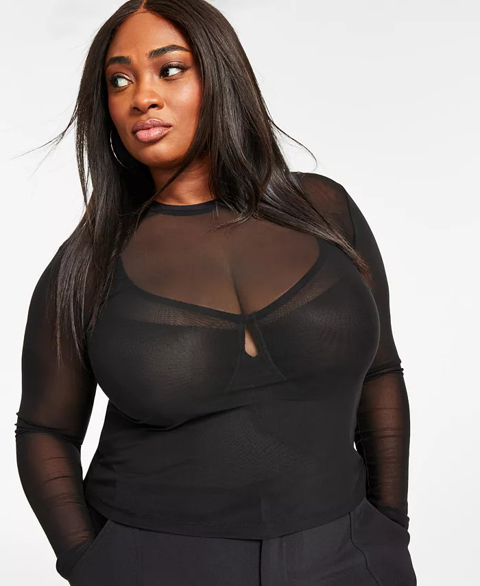 Trendy Plus Size Sheer Printed Mesh Top | Macys (US)